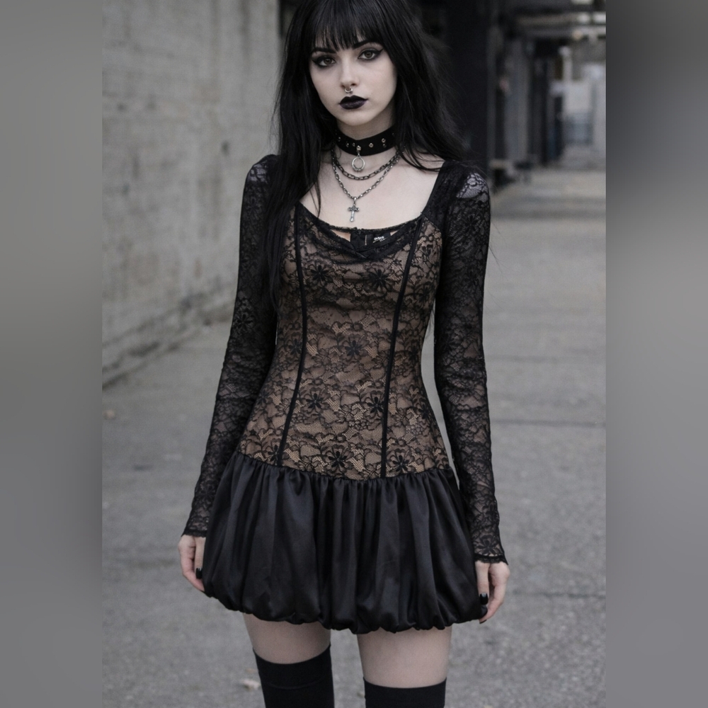NWT Black Lace Mini Dress Bubble Skirt Fairy Goth Grunge Whimsigoth Emo Size 4